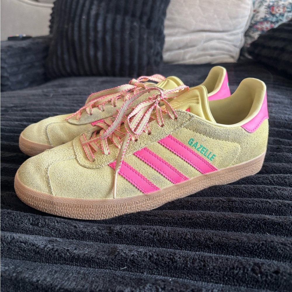 adidas Gazelle Suede Sneakers in Pale Yellow & Hot Pink